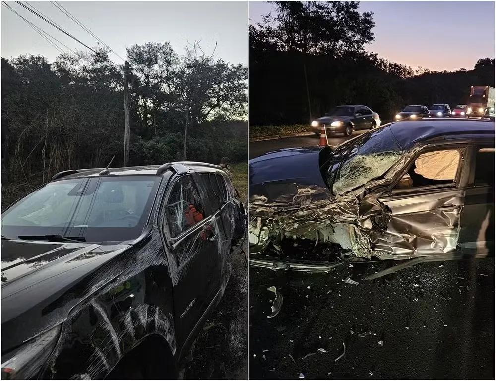 Carro de Fabiano Menotti (&agrave; esquerda) bateu em um ve&iacute;culo na BR-040, em Juiz de Fora &mdash; Foto: Corpo de Bombeiros/Divulga&ccedil;&atilde;o