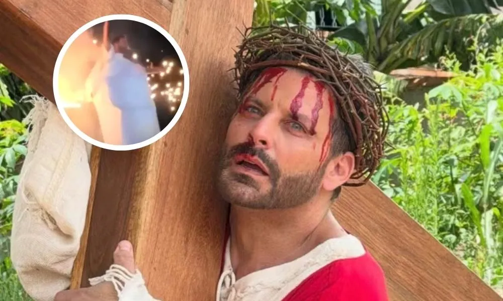 Henri Castelli tem figurino atingido por fogo em encenação de ‘A Paixão de Cristo’