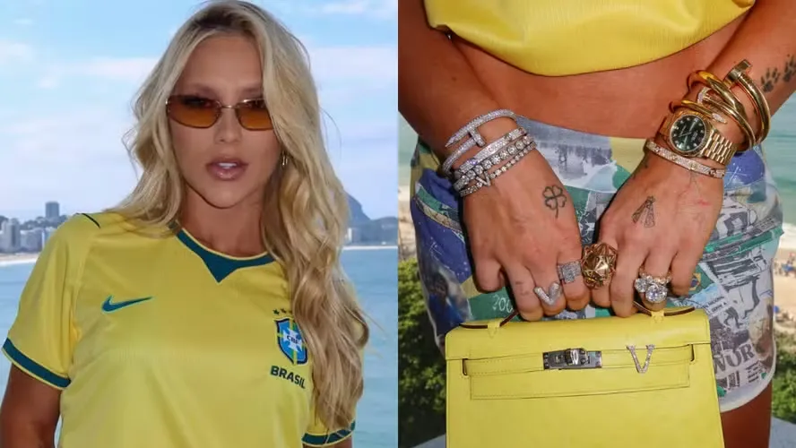 Virginia Fonseca exibe relógio de luxo dado por Vini Jr. em amistoso do Brasil no Maracanã