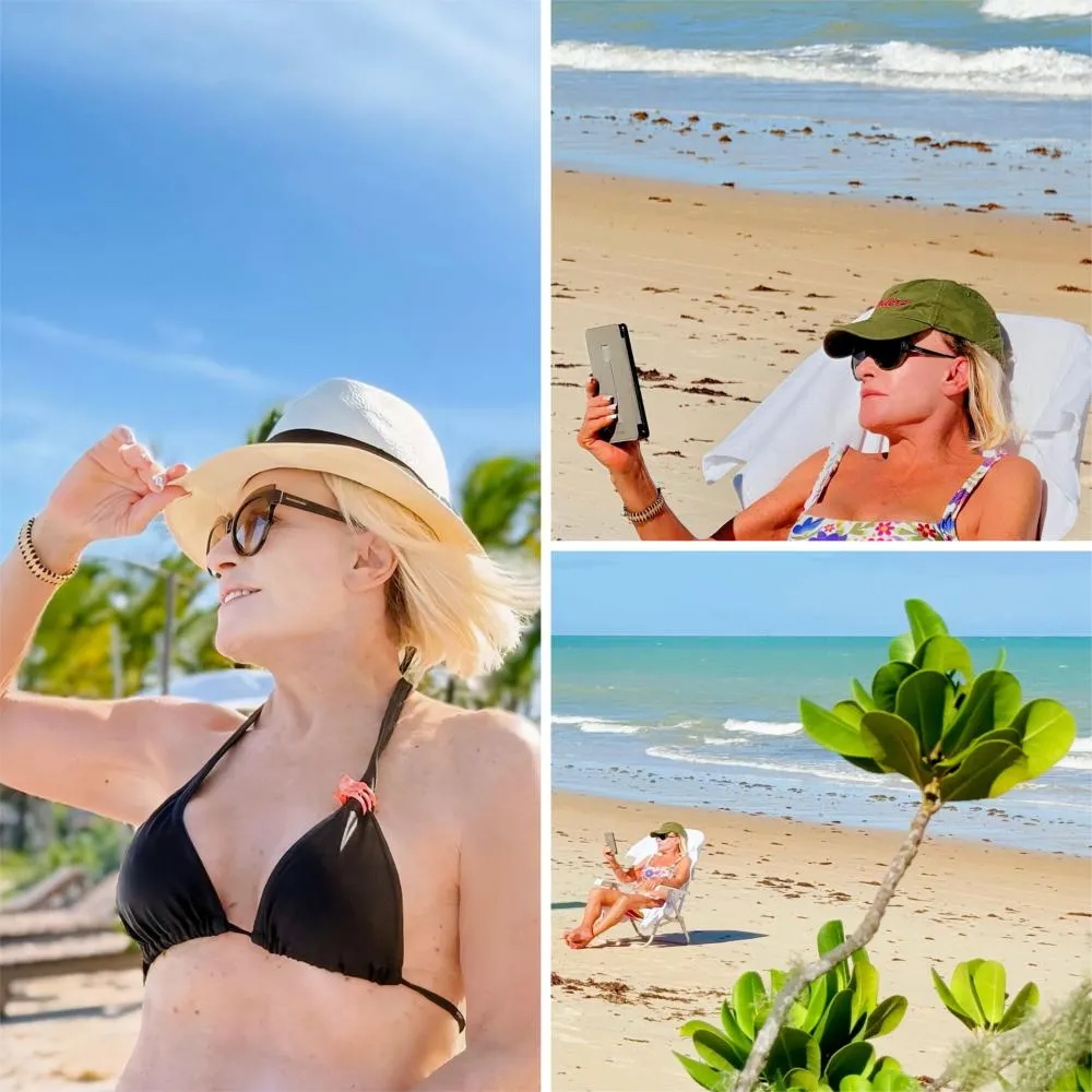 Ana Maria Braga desfruta dos dias de descanso nas praias da Bahia e se dedica à leitura