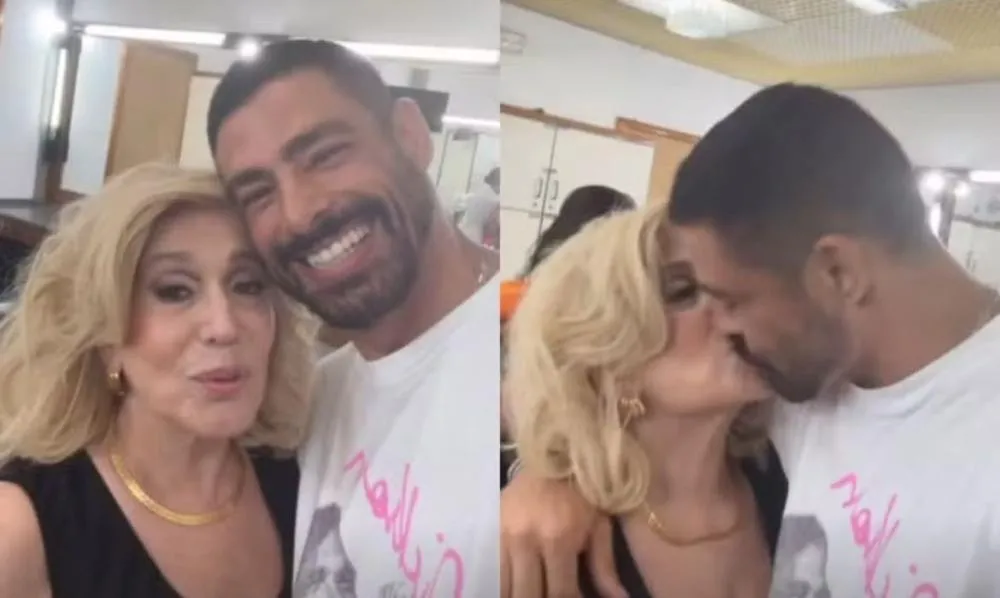 Susana Vieira e Cauã Reymond trocam beijos nos bastidores de gravação de 'Vale Tudo'