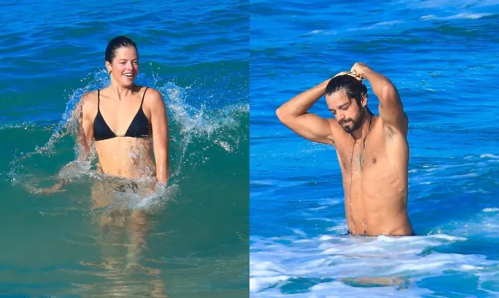 Entre mergulhos, Agatha Moreira e Rodrigo Simas aproveitam o dia ensolarado na Barra da Tijuca