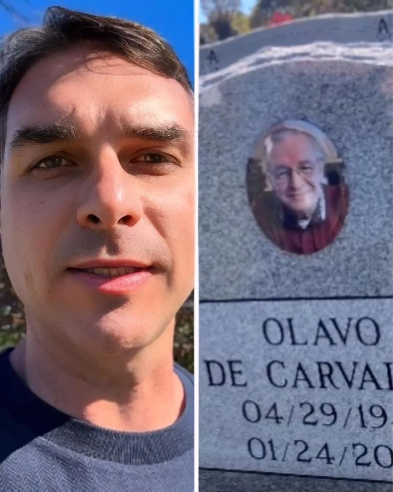 Flávio Bolsonaro visita túmulo de Olavo de Carvalho e diz que escritor “faz muita falta”
