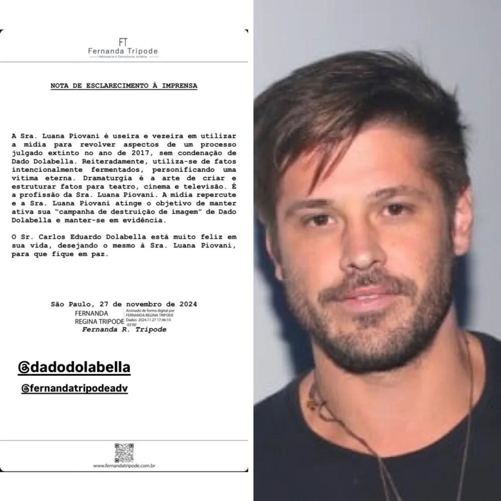 Dado Dolabella se pronuncia após Luana Piovani relembrar episódio de agressão: “Eterna vítima”